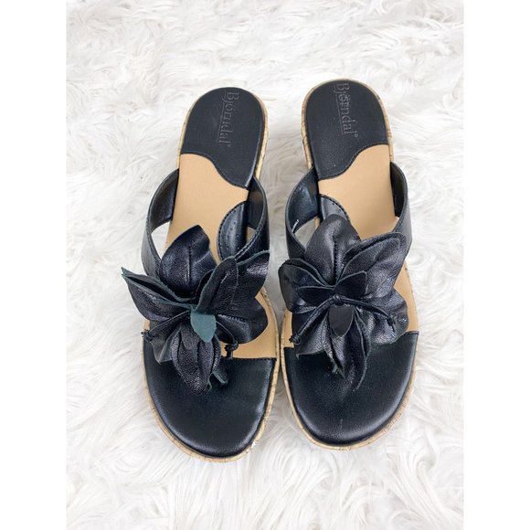 Bjorndal Lana Black Flower Wedge Sandals 9 - Picture 2 of 6